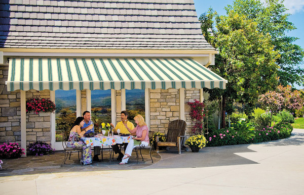 Awning with stripes for outdoor patio space