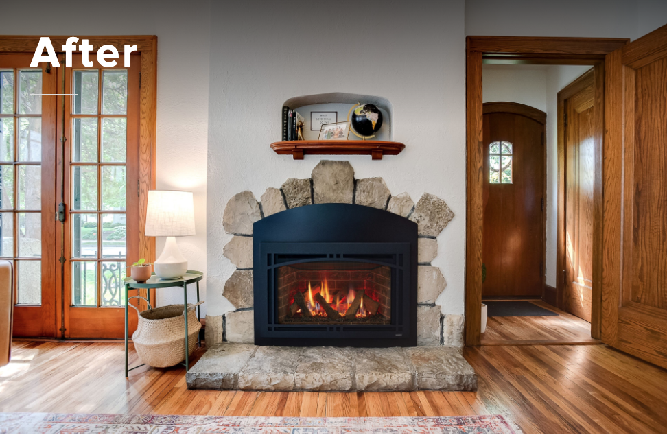 updated wood burning fireplace hearth